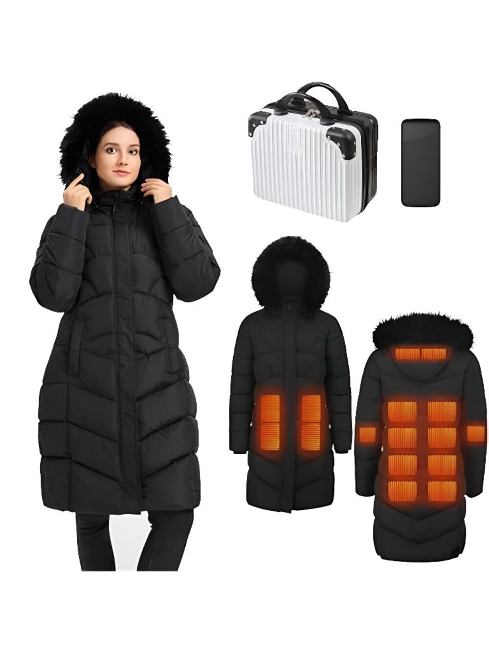 Heated Jackets for Women with collar, Long Winter Coats for Women for Skiing